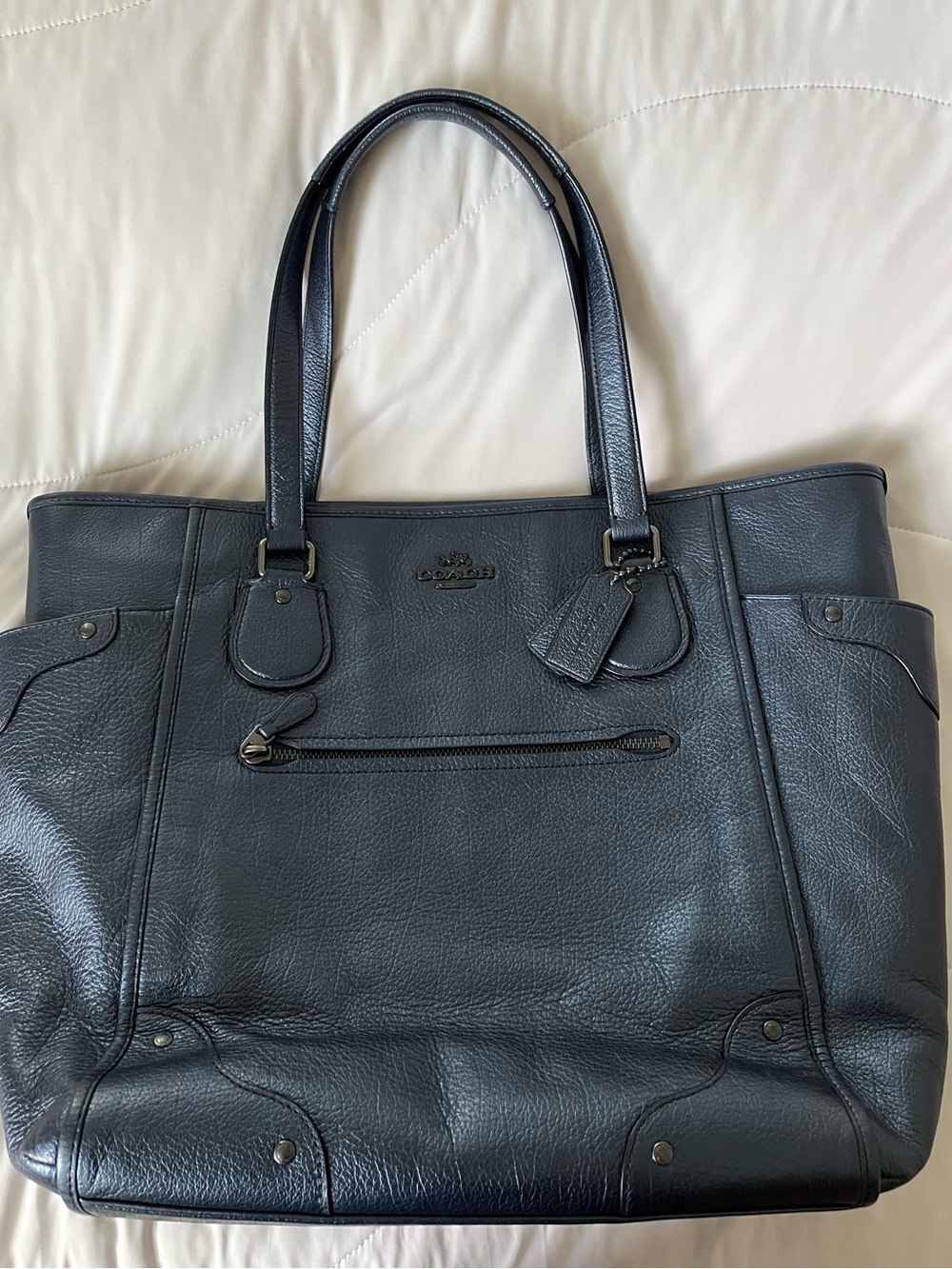 COACH Mickie Metallic Blue Grain Leather Tote Shoulder Bag